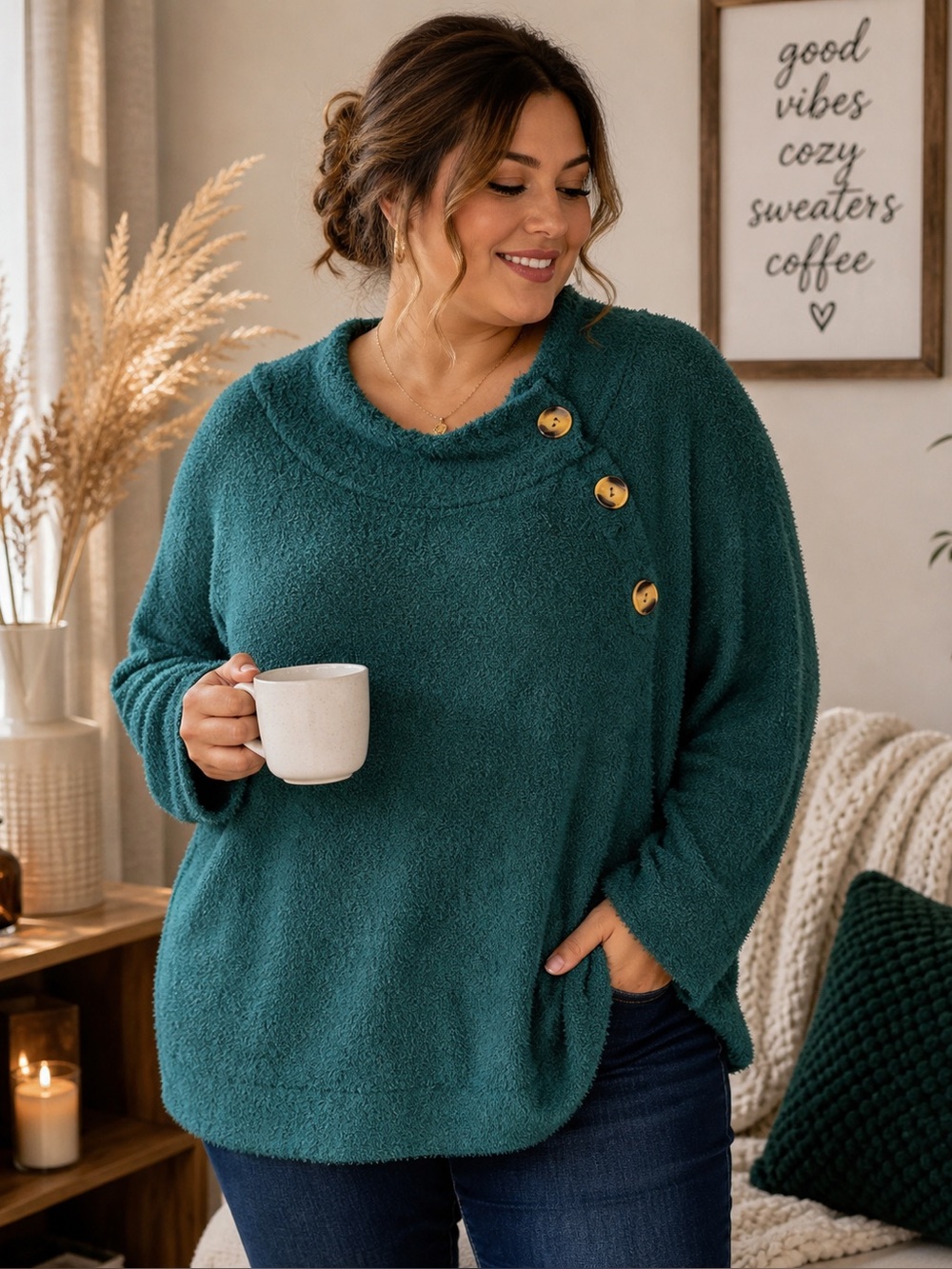 CURE 2X Teal Fuzzy Button Detail Cozy Sweater NWT